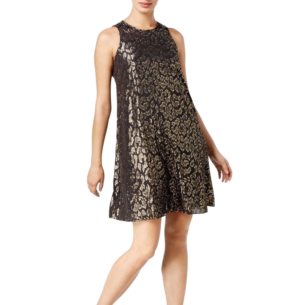 Calvin Klein Shift Dress Womens 2 Black Gold Excellent Metallic Leopard Print